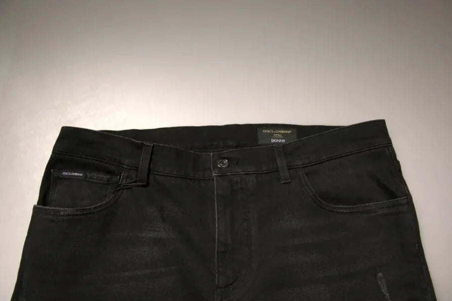 Dolce &amp; Gabbana Black Ripped Logo Cotton Skinny Denim Jeans
