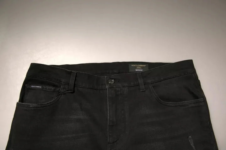 Dolce &amp; Gabbana Black Ripped Logo Cotton Skinny Denim Jeans