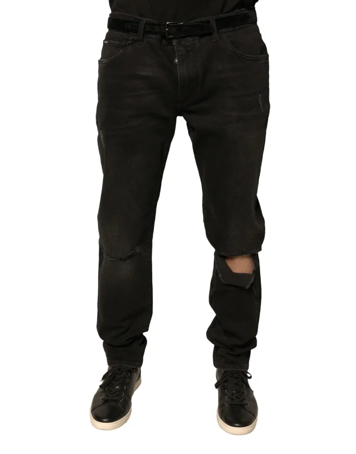 Dolce &amp; Gabbana Black Ripped Logo Cotton Skinny Denim Jeans