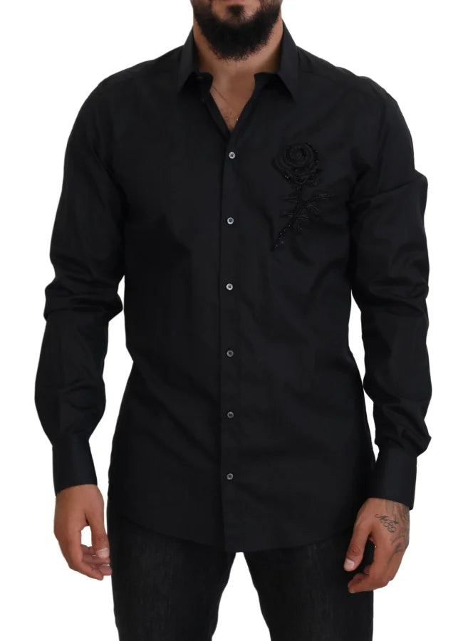 Dolce &amp; Gabbana Black Roses Slim Fit Cotton Shirt