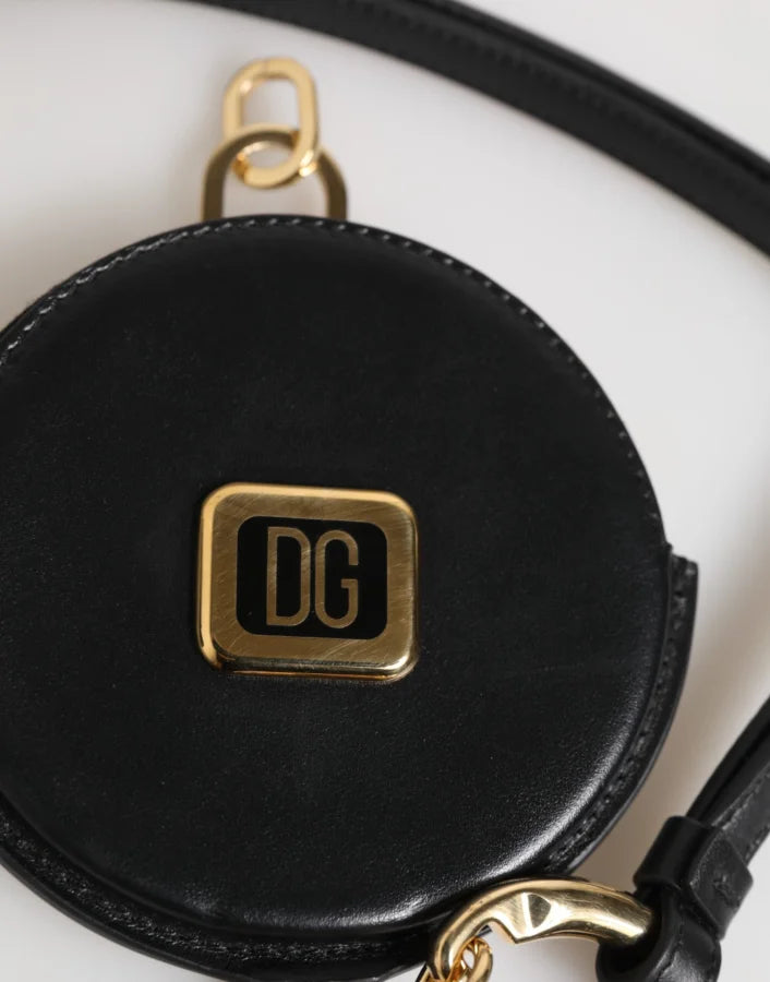 Dolce &amp; Gabbana Black Round Leather DG Logo Coin Purse Lanyard Wallet