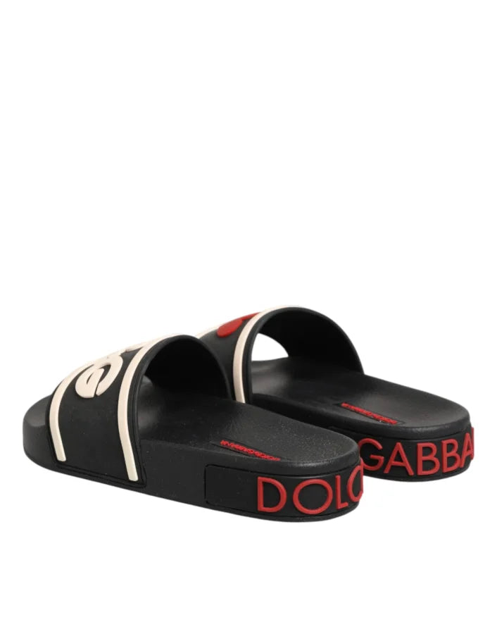 Dolce &amp; Gabbana Black Rubber Slides Sandals Beachwear Shoes