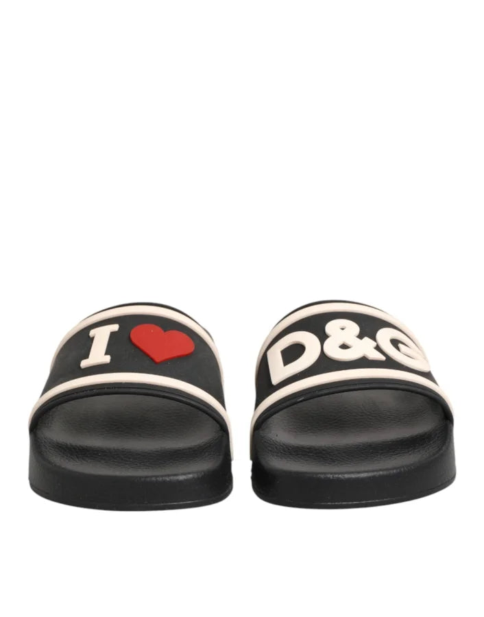 Dolce &amp; Gabbana Black Rubber Slides Sandals Beachwear Shoes