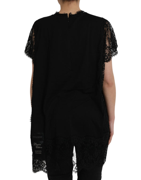Dolce & Gabbana - Black Sacred Heart Print Cotton Lace T-shirt