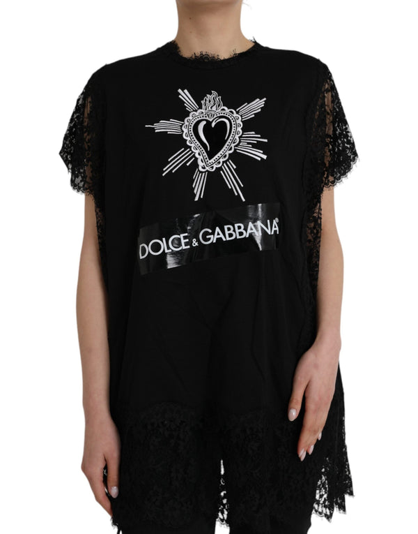 Dolce & Gabbana - Black Sacred Heart Print Cotton Lace T-shirt