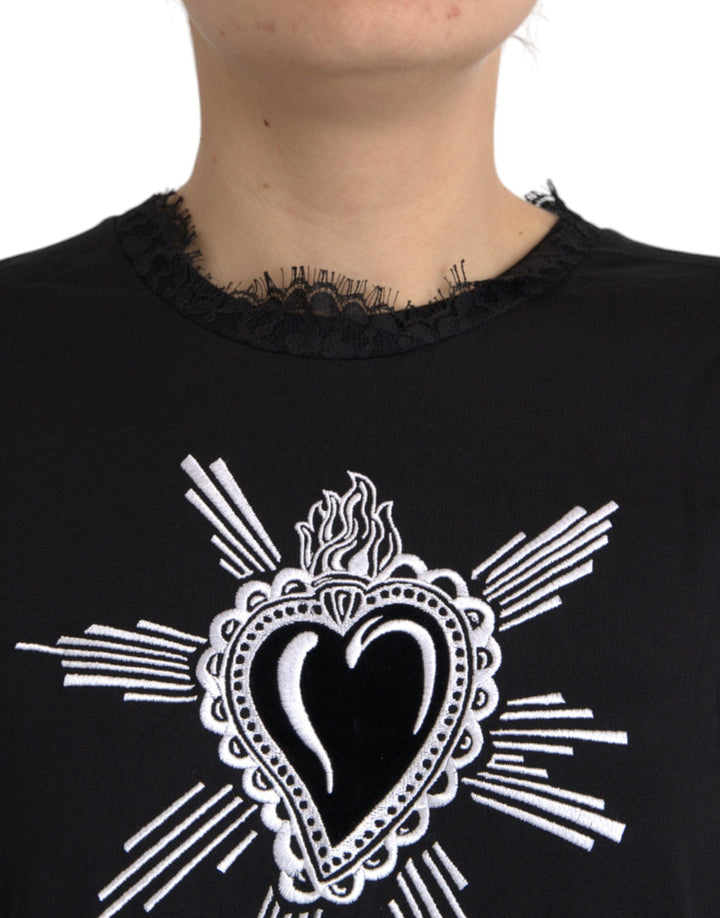 Dolce &amp; Gabbana - Black Sacred Heart Print Cotton Lace T-shirt