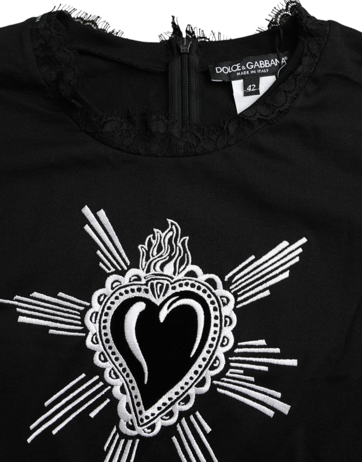 Dolce &amp; Gabbana - Black Sacred Heart Print Cotton Lace T-shirt