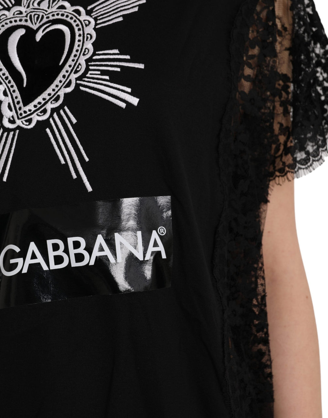 Dolce &amp; Gabbana - Black Sacred Heart Print Cotton Lace T-shirt