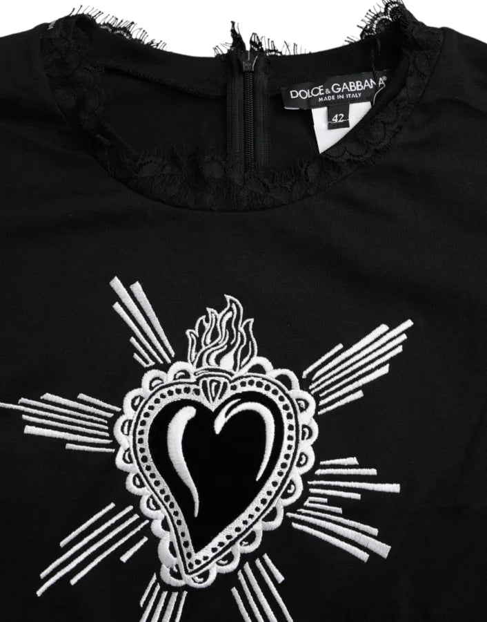 Dolce &amp; Gabbana Black Sacred Heart Print Cotton Lace T-shirt