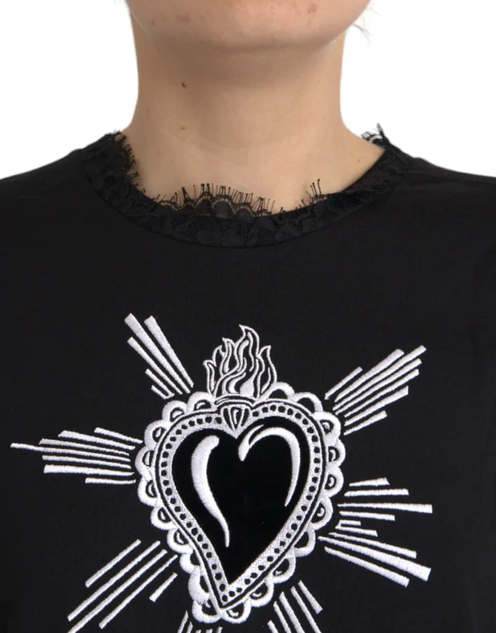 Dolce &amp; Gabbana Black Sacred Heart Print Cotton Lace T-shirt