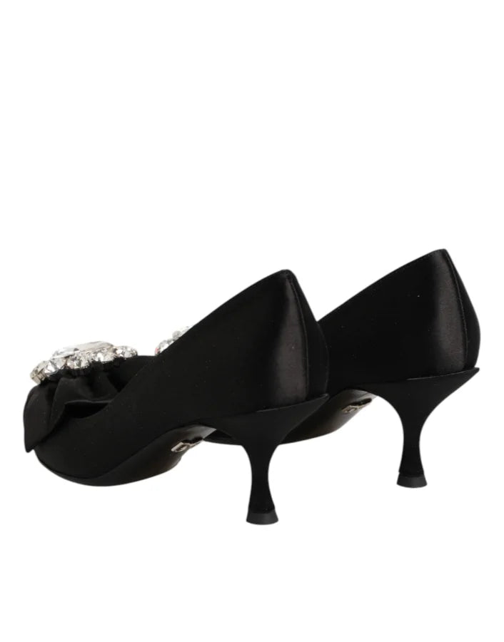 Dolce &amp; Gabbana Black Satin Bow Crystal Embellishment Pumps Shoes