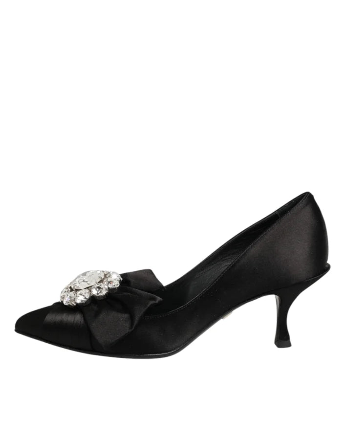 Dolce &amp; Gabbana Black Satin Bow Crystal Embellishment Pumps Shoes