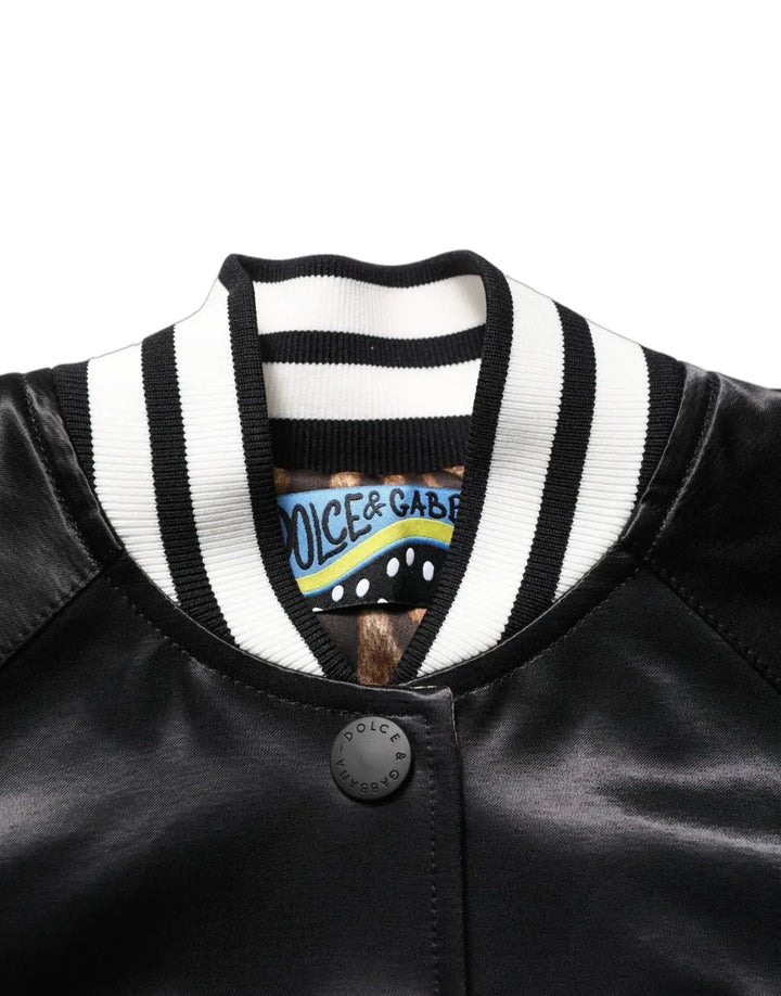 Dolce &amp; Gabbana Black Satin Floral Embroidery Bomber Jacket