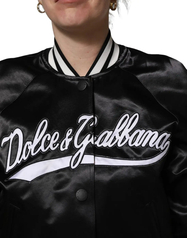 Dolce &amp; Gabbana Black Satin Floral Embroidery Bomber Jacket