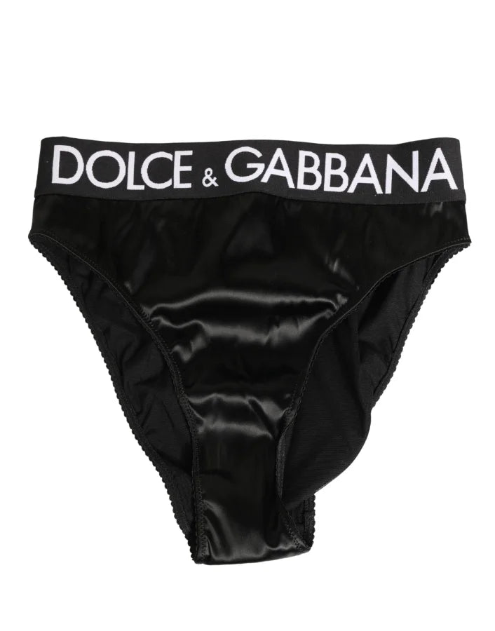 Dolce &amp; Gabbana Black Satin High-Waist Brief Logo Women Underwear