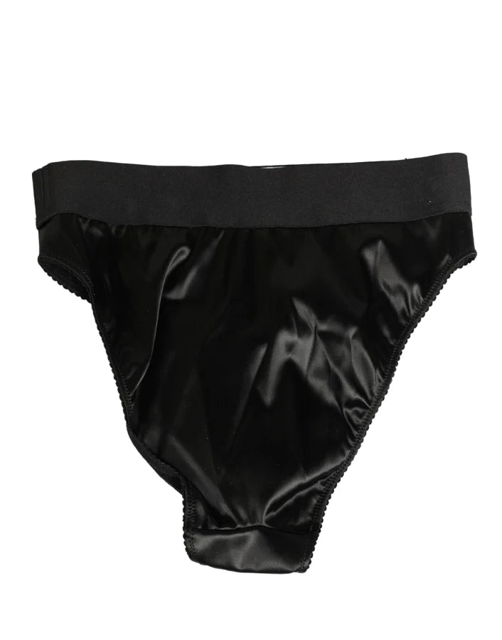 Dolce &amp; Gabbana Black Satin High-Waist Brief Logo Women Underwear