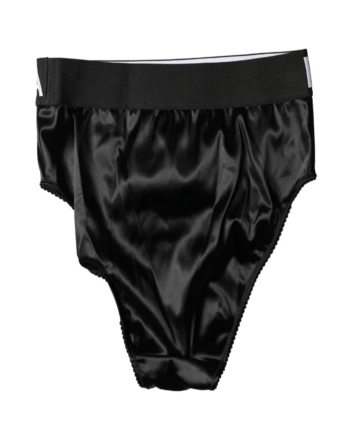 Dolce &amp; Gabbana Black Satin High-Waist Brief Logo Women Underwear