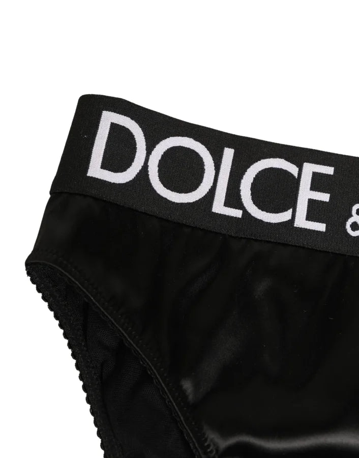 Dolce &amp; Gabbana Black Satin High-Waist Brief Logo Women Underwear
