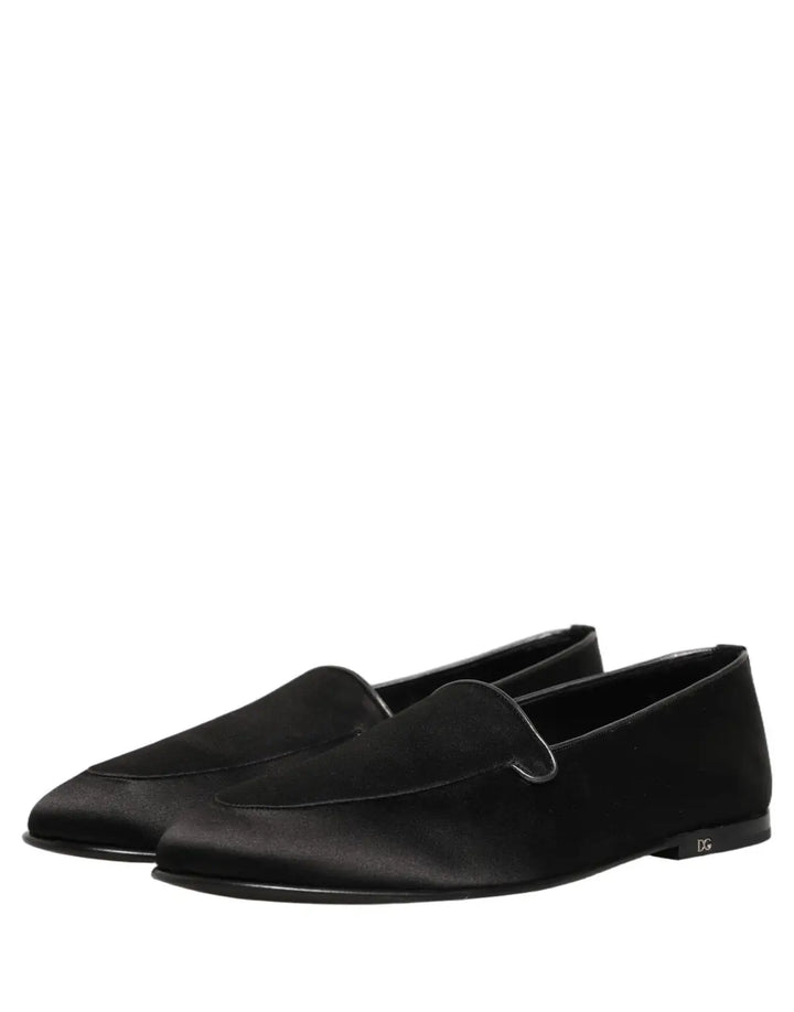Dolce &amp; Gabbana Black Satin Logo Slip On Flats Loafers Shoes
