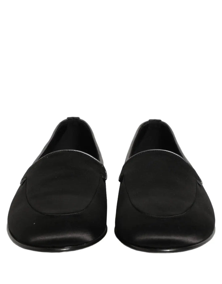 Dolce &amp; Gabbana Black Satin Logo Slip On Flats Loafers Shoes
