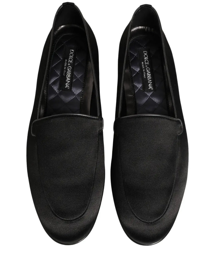 Dolce &amp; Gabbana Black Satin Logo Slip On Flats Loafers Shoes