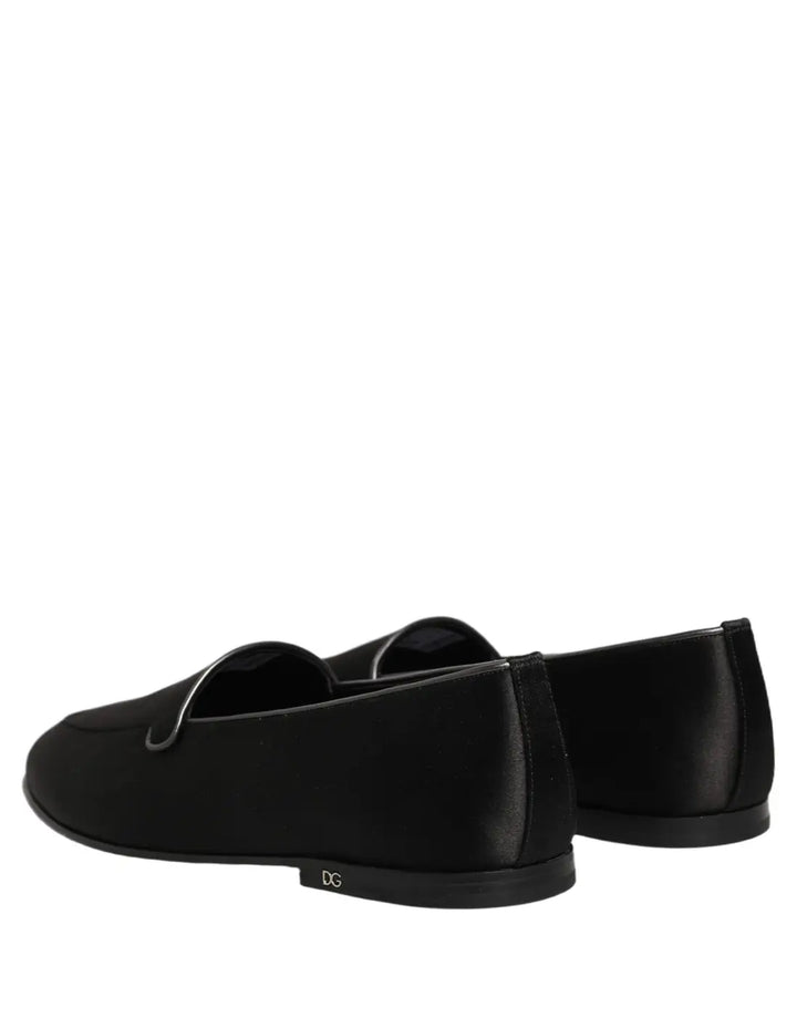 Dolce &amp; Gabbana Black Satin Logo Slip On Flats Loafers Shoes