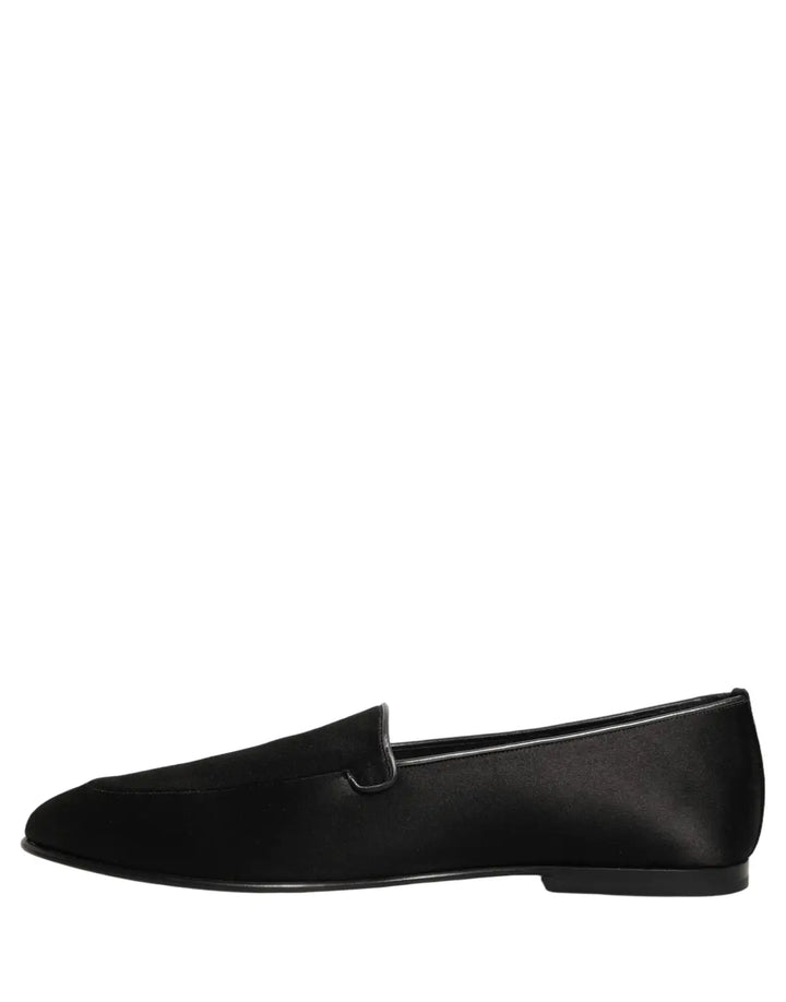 Dolce &amp; Gabbana Black Satin Logo Slip On Flats Loafers Shoes