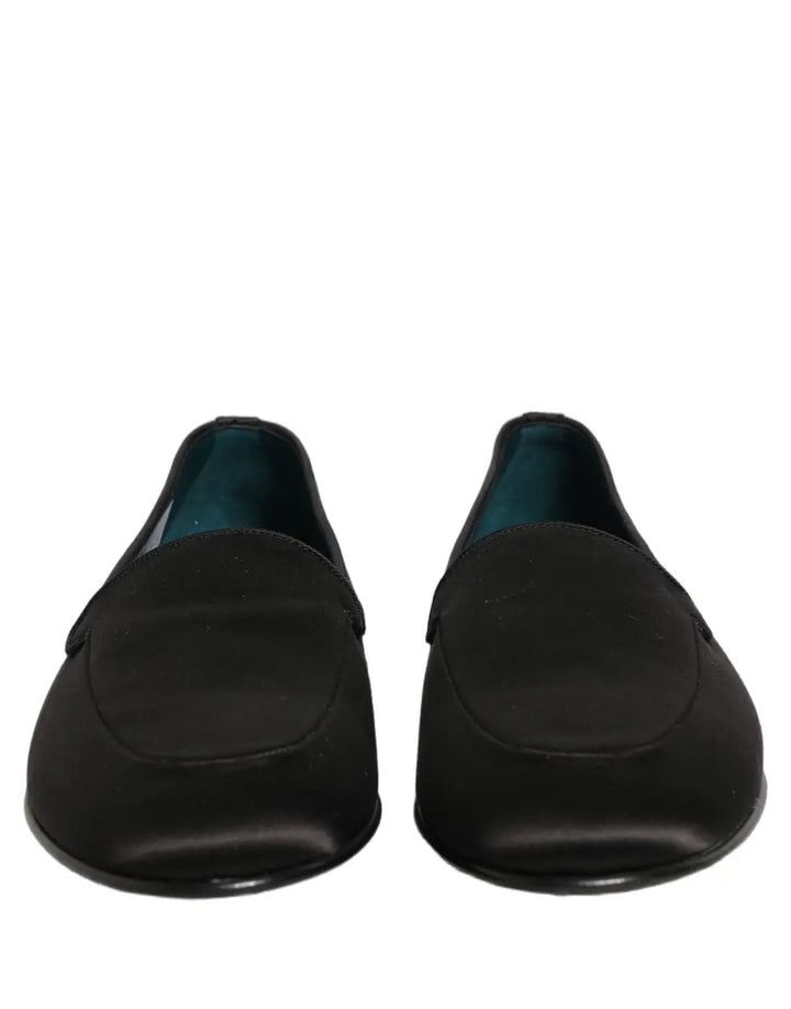 Dolce &amp; Gabbana Black Satin Logo Slip On Flats Loafers Shoes