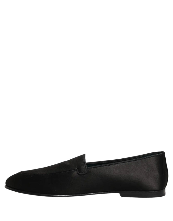 Dolce &amp; Gabbana Black Satin Logo Slip On Flats Loafers Shoes