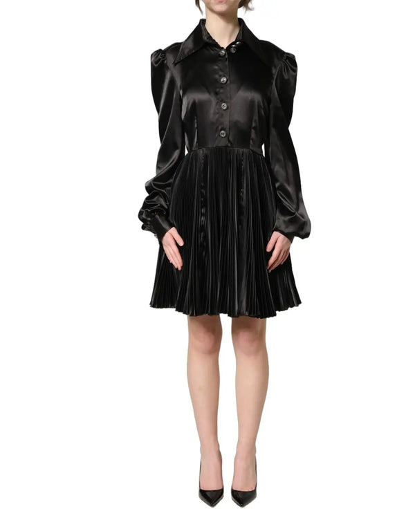 Dolce & Gabbana Black Satin Long Puff Sleeves Pleated Dress women’s dress
