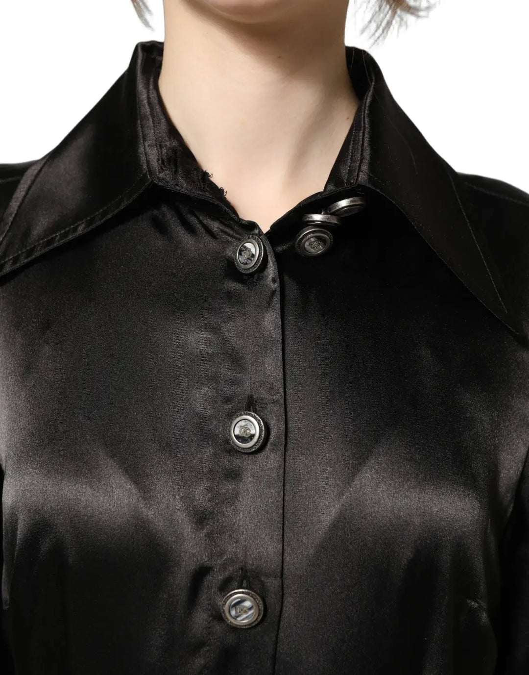 Dolce &amp; Gabbana Black Satin Long Puff Sleeves Pleated Dress