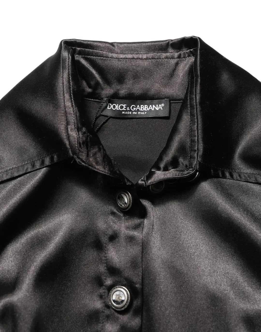 Dolce &amp; Gabbana Black Satin Long Puff Sleeves Pleated Dress
