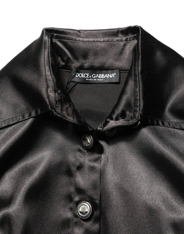 Dolce &amp; Gabbana Black Satin Long Puff Sleeves Pleated Dress