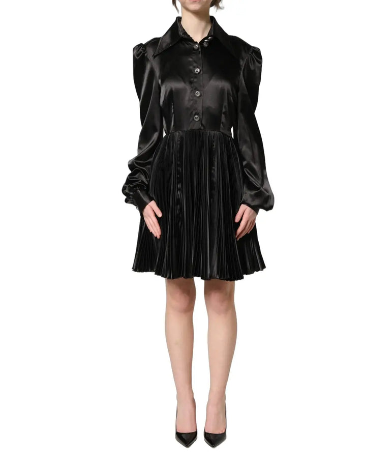 Dolce &amp; Gabbana Black Satin Long Puff Sleeves Pleated Dress