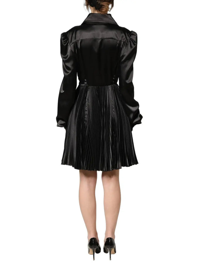 Dolce &amp; Gabbana Black Satin Long Puff Sleeves Pleated Dress