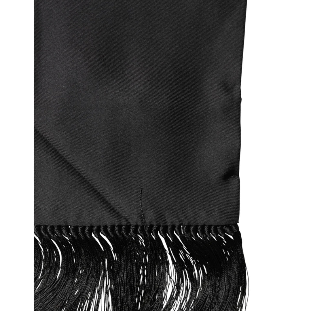 Dolce and Gabbana Black Satin Silk Scarf with Elegant Fringes &