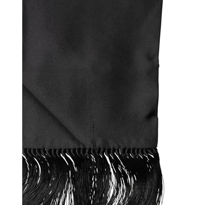 Dolce and Gabbana Black Satin Silk Scarf with Elegant Fringes &