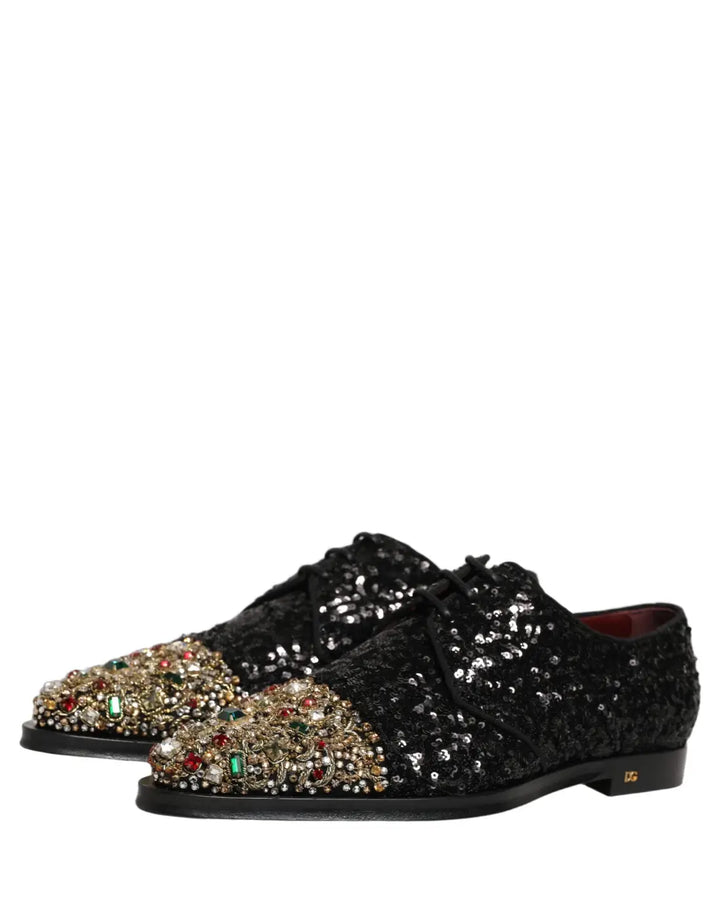Dolce &amp; Gabbana Black Sequin Embellished Men Derby Dress Shoes