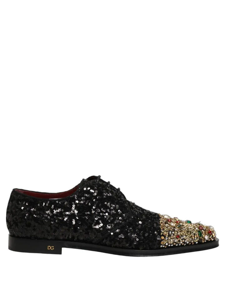 Dolce &amp; Gabbana Black Sequin Embellished Men Derby Dress Shoes