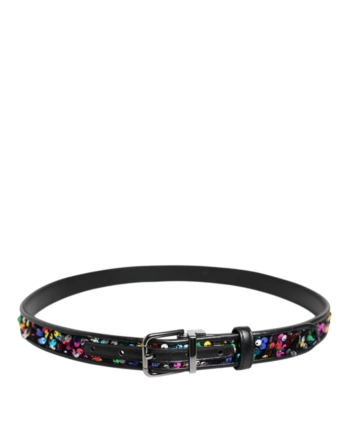 Dolce &amp; Gabbana Black Sequin Embellished Metal Buckle Belt