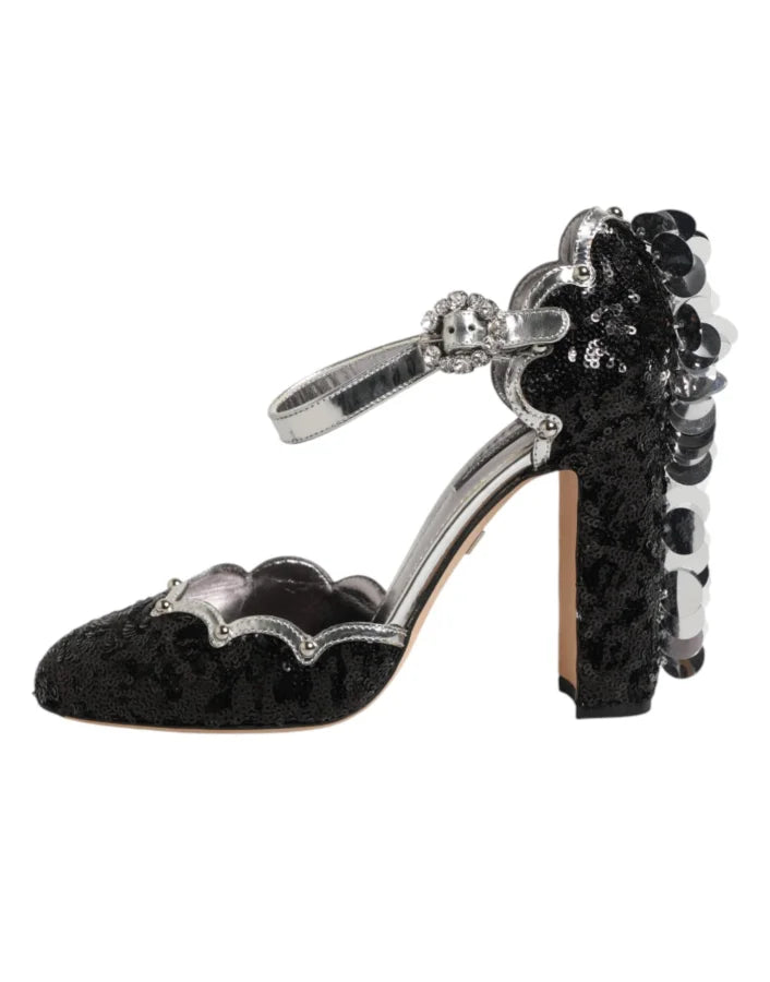 Dolce &amp; Gabbana Black Sequined Ankle Strap Sandals Shoes