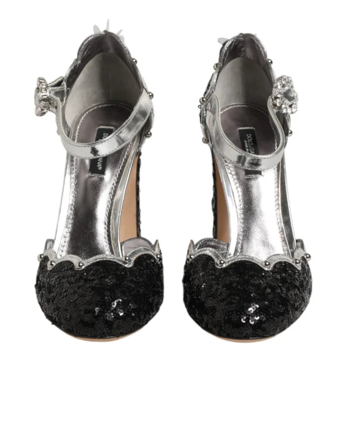 Dolce &amp; Gabbana Black Sequined Ankle Strap Sandals Shoes