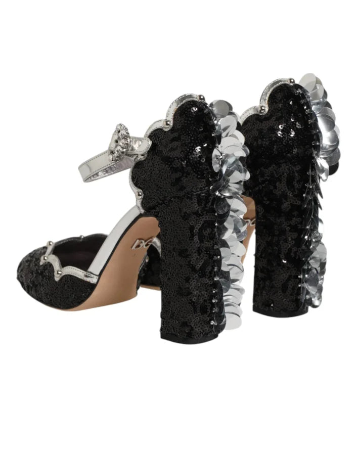 Dolce &amp; Gabbana Black Sequined Ankle Strap Sandals Shoes