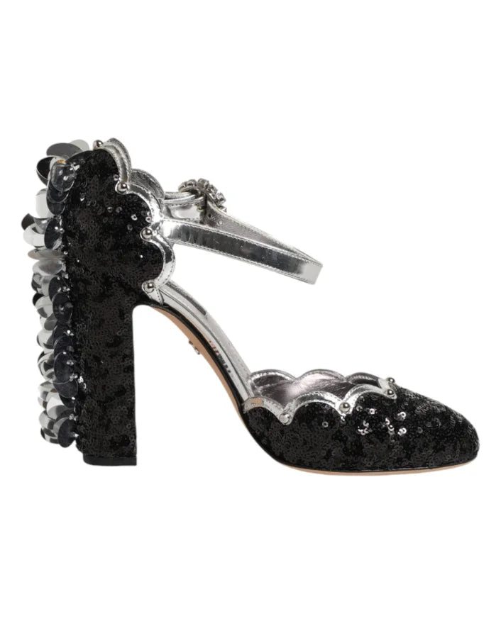 Dolce &amp; Gabbana Black Sequined Ankle Strap Sandals Shoes