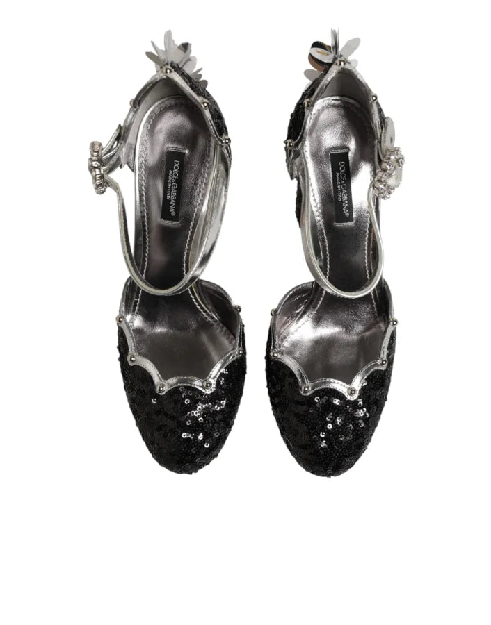 Dolce &amp; Gabbana Black Sequined Ankle Strap Sandals Shoes