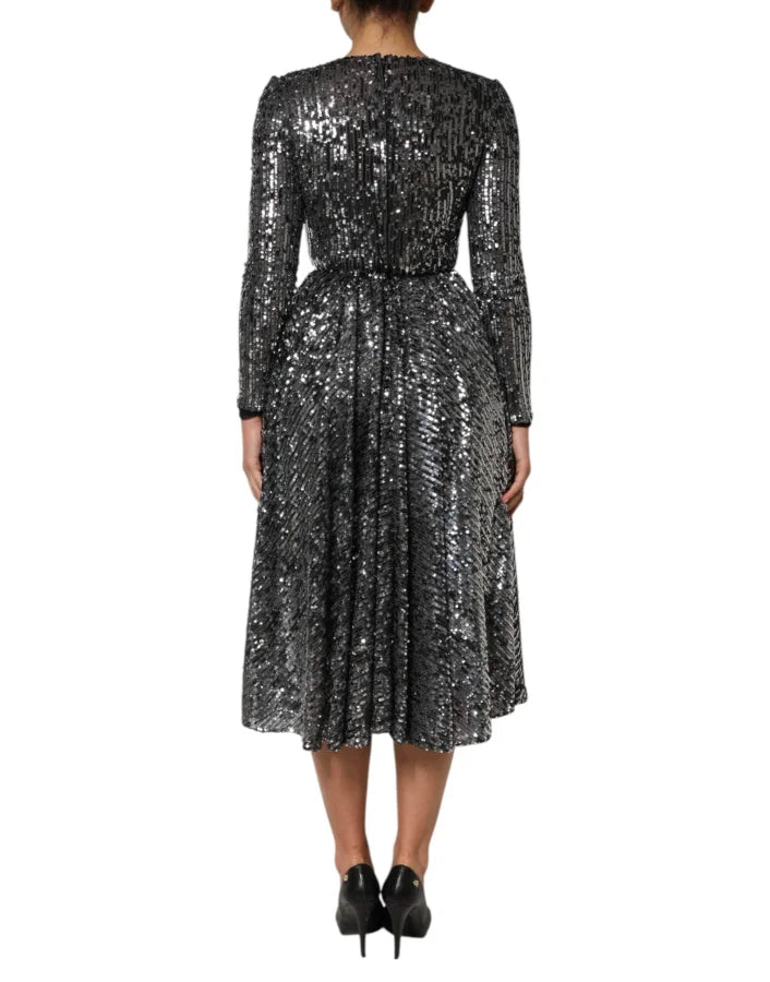 Dolce &amp; Gabbana Black Sequined Long Sleeves Midi A-line Dress