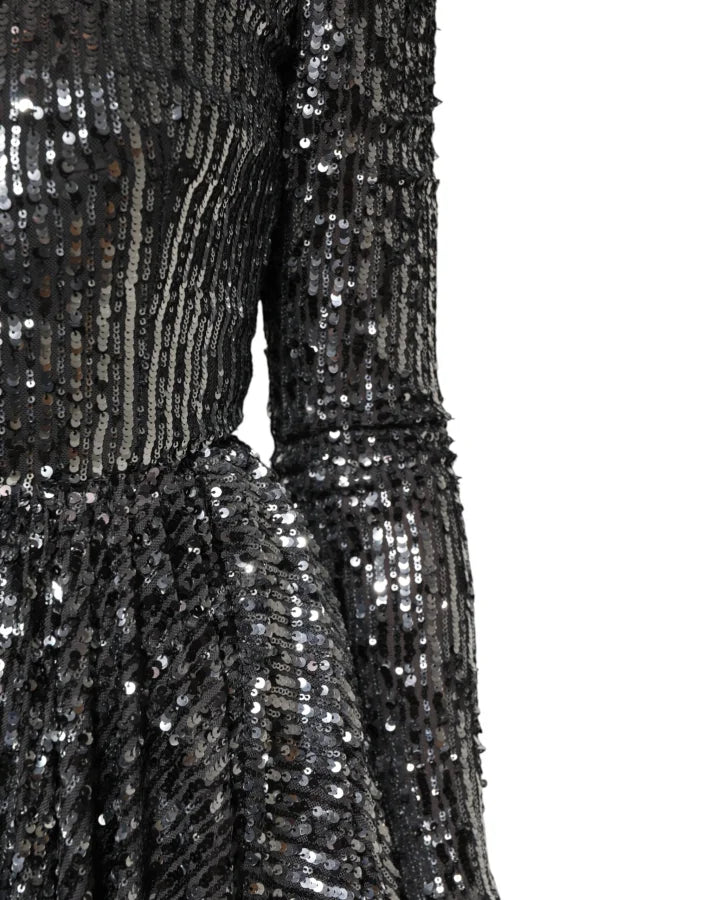 Dolce &amp; Gabbana Black Sequined Long Sleeves Midi A-line Dress