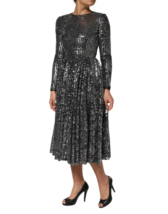 Dolce &amp; Gabbana Black Sequined Long Sleeves Midi A-line Dress
