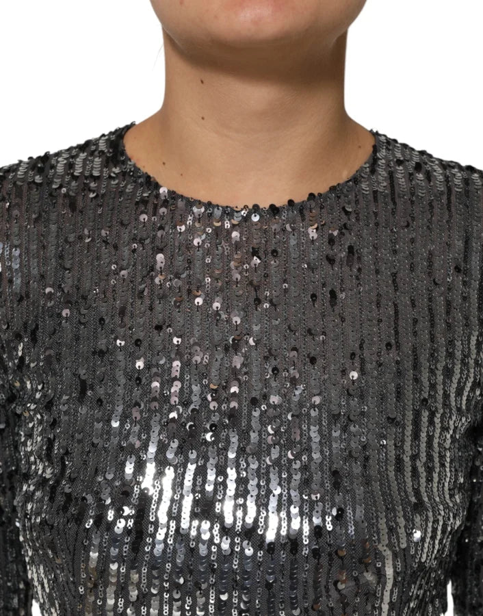 Dolce &amp; Gabbana Black Sequined Long Sleeves Midi A-line Dress