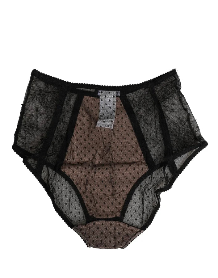 Dolce &amp; Gabbana Black Sheer Polka Dot Lace High Waist Brief Underwear